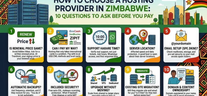 How to choose a hosting provider in Zimbabwe 10 questions to ask before you pay Choosing a hosting provider in Zimbabwe comes down to ten questions, and the cheapest headline price often fails half of them. Hosting is the one service your website, email, and reputation all depend on, and switching later costs time. Ask these before you pay.