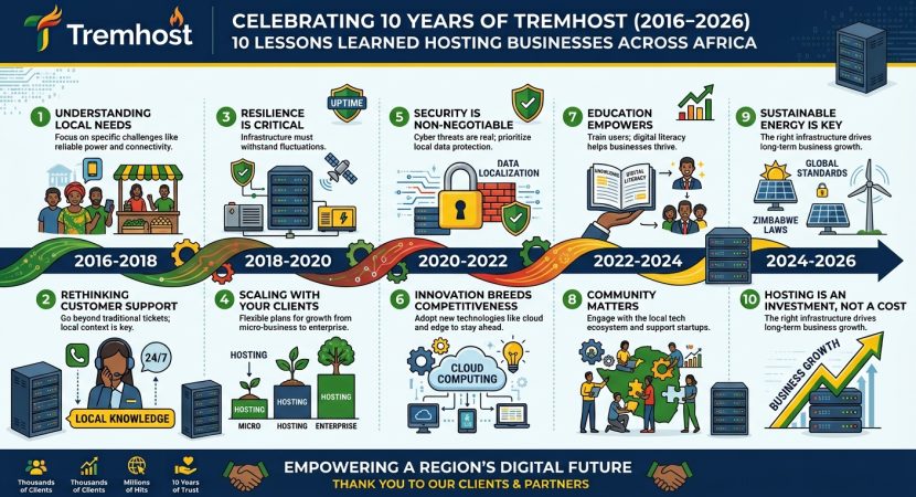 ten years of tremhost what weve learned hosting zimbabwean businesses since 2016 Tremhost started in Harare in September 2016 with one aim: to give Zimbabwean businesses hosting they could pay for locally and support they could actually reach. Ten years later, we host 13,000+ domains and protect sites with Cloudflare as a signed partner. Here's what a decade taught us.